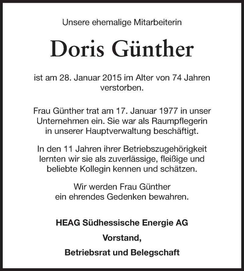  Traueranzeige für Doris Günther vom 07.02.2015 aus Echo-Zeitungen (Gesamtausgabe)