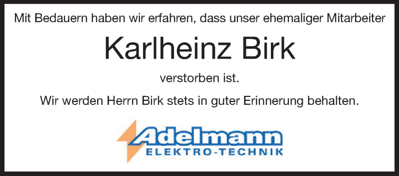  Traueranzeige für Karlheinz Birk vom 21.09.2013 aus Echo-Zeitungen (Gesamtausgabe)
