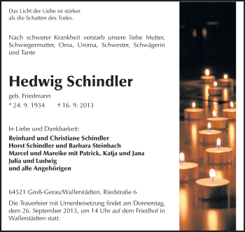 Traueranzeige von Hedwig Schindler von Rüsselsheimer Echo, Groß-Gerauer-Echo, Ried Echo