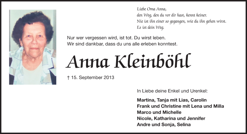  Traueranzeige für Anna Kleinböhl vom 21.09.2013 aus Rüsselsheimer Echo, Groß-Gerauer-Echo, Ried Echo