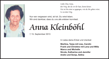 Traueranzeige von Anna Kleinböhl von Rüsselsheimer Echo, Groß-Gerauer-Echo, Ried Echo