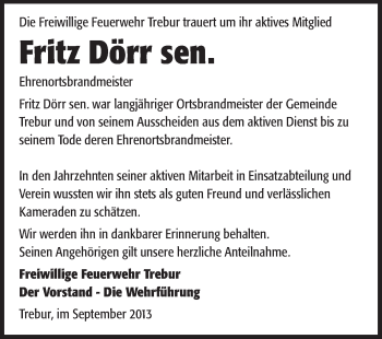 Traueranzeige von Fritz Dörr von Rüsselsheimer Echo, Groß-Gerauer-Echo, Ried Echo