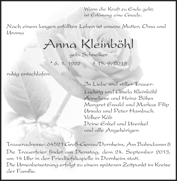 Traueranzeige von Anna Kleinböhl von Rüsselsheimer Echo, Groß-Gerauer-Echo, Ried Echo