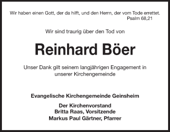 Traueranzeige von Reinhard Böer von Rüsselsheimer Echo, Groß-Gerauer-Echo, Ried Echo