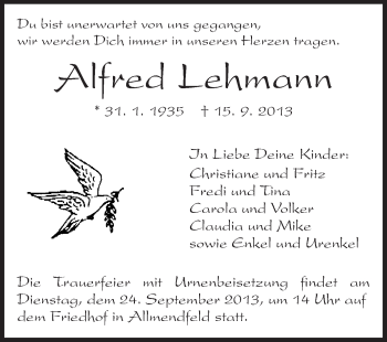 Traueranzeige von Alfred Lehmann von Echo-Zeitungen (Gesamtausgabe)