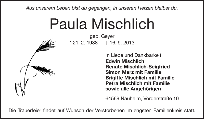  Traueranzeige für Paula Mischlich vom 21.09.2013 aus Rüsselsheimer Echo, Groß-Gerauer-Echo, Ried Echo