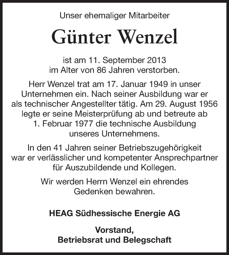  Traueranzeige für Günter Wenzel vom 21.09.2013 aus Echo-Zeitungen (Gesamtausgabe)