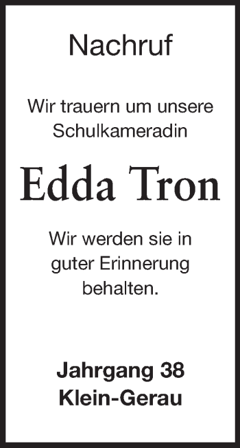 Traueranzeige von Edda Tron von Rüsselsheimer Echo, Groß-Gerauer-Echo, Ried Echo