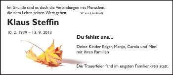 Traueranzeige von Klaus Steffin von Echo-Zeitungen (Gesamtausgabe)