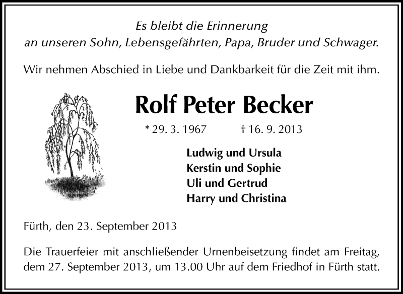  Traueranzeige für Rolf Peter Becker vom 23.09.2013 aus Starkenburger Echo