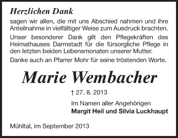 Traueranzeige von Marie Wembacher von Echo-Zeitungen (Gesamtausgabe)