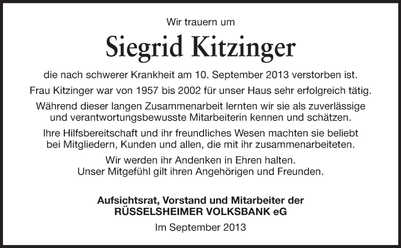  Traueranzeige für Siegrid Kitzinger vom 21.09.2013 aus Rüsselsheimer Echo, Groß-Gerauer-Echo, Ried Echo