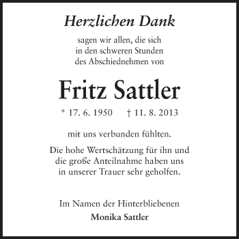 Traueranzeige von Fritz Sattler von Odenwälder Echo