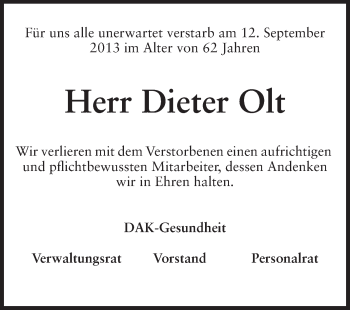 Traueranzeige von Dieter Olt von Odenwälder Echo