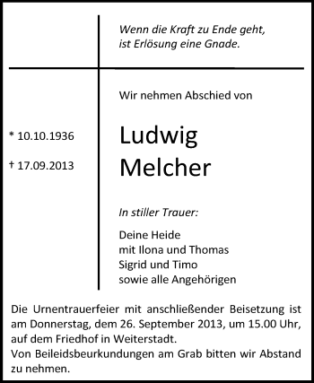 Traueranzeige von Ludwig Melcher von Echo-Zeitungen (Gesamtausgabe)