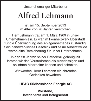 Traueranzeige von Alfred Lehmann von Echo-Zeitungen (Gesamtausgabe)