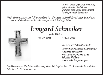 Traueranzeige von Irmgard Schneiker von Rüsselsheimer Echo, Groß-Gerauer-Echo, Ried Echo
