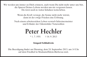 Traueranzeige von Peter Hechler von Echo-Zeitungen (Gesamtausgabe)