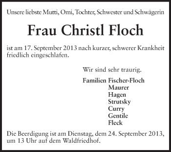 Traueranzeige von Christl Floch von Echo-Zeitungen (Gesamtausgabe)