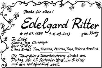 Traueranzeige von Edelgard Ritter von Echo-Zeitungen (Gesamtausgabe)