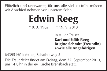 Traueranzeige von Edwin Reeg von Odenwälder Echo