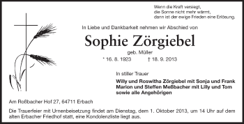 Traueranzeige von Sophie Zörgiebel von Odenwälder Echo