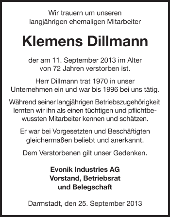 Traueranzeige von Klemens Dillmann von Echo-Zeitungen (Gesamtausgabe)