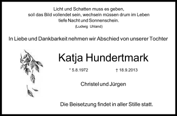 Traueranzeige von Katja Hundertmark von Echo-Zeitungen (Gesamtausgabe)