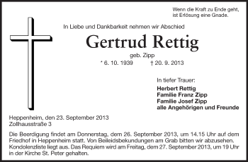 Traueranzeige von Gertrud Rettig von Starkenburger Echo