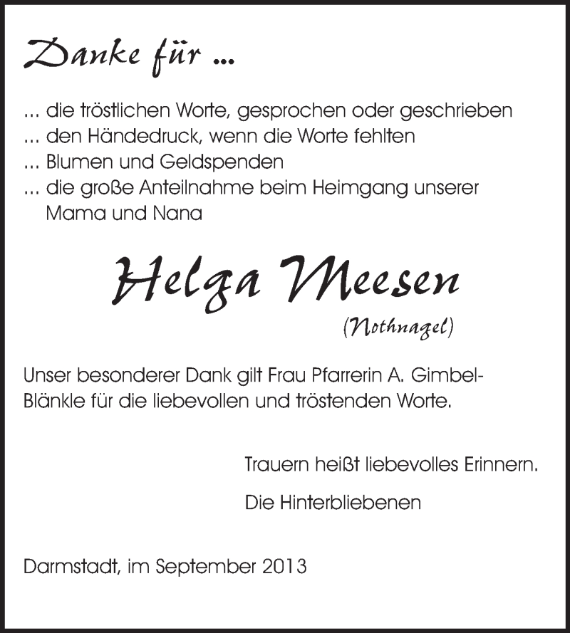  Traueranzeige für Helga Meesen vom 28.09.2013 aus Echo-Zeitungen (Gesamtausgabe)