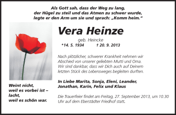 Traueranzeige von Vera Heinze von Echo-Zeitungen (Gesamtausgabe)