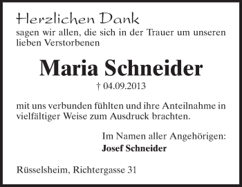Traueranzeige von Maria Schneider von Rüsselsheimer Echo, Groß-Gerauer-Echo, Ried Echo