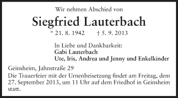 Traueranzeige von Siegfried Lauterbach von Rüsselsheimer Echo, Groß-Gerauer-Echo, Ried Echo