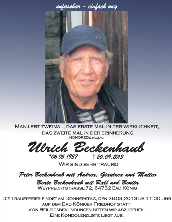 Traueranzeige von Ulrich Beckenhaub von Echo-Zeitungen (Gesamtausgabe)