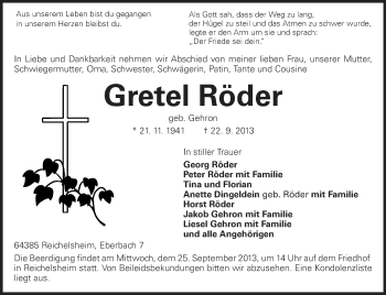 Traueranzeige von Gretel Röder von Odenwälder Echo