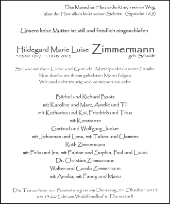 Traueranzeige von Hildegard Marie Luise Zimmermann von Echo-Zeitungen (Gesamtausgabe)