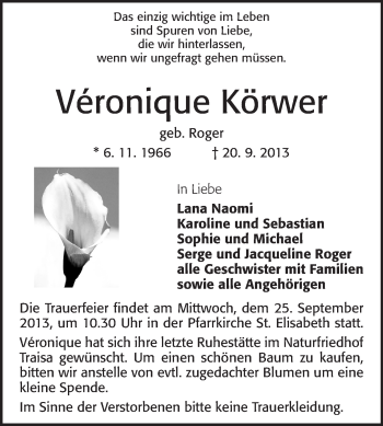 Traueranzeige von Véronique Körwer von Echo-Zeitungen (Gesamtausgabe)