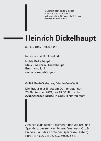 Traueranzeige von Heinrich Bickelhaupt von Echo-Zeitungen (Gesamtausgabe)
