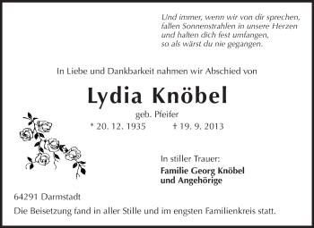 Traueranzeige von Lydia Knöbel von Echo-Zeitungen (Gesamtausgabe)