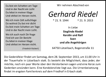 Traueranzeige von Gerhard Riedel von Odenwälder Echo
