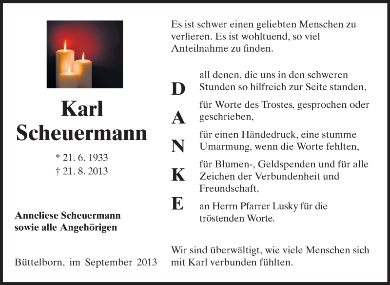  Traueranzeige für Karl Scheuermann vom 28.09.2013 aus Rüsselsheimer Echo, Groß-Gerauer-Echo, Ried Echo