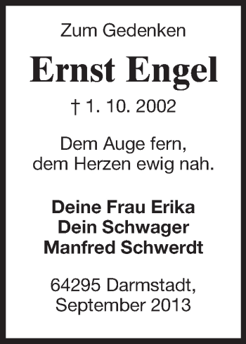 Traueranzeige von Ernst Engel von Echo-Zeitungen (Gesamtausgabe)