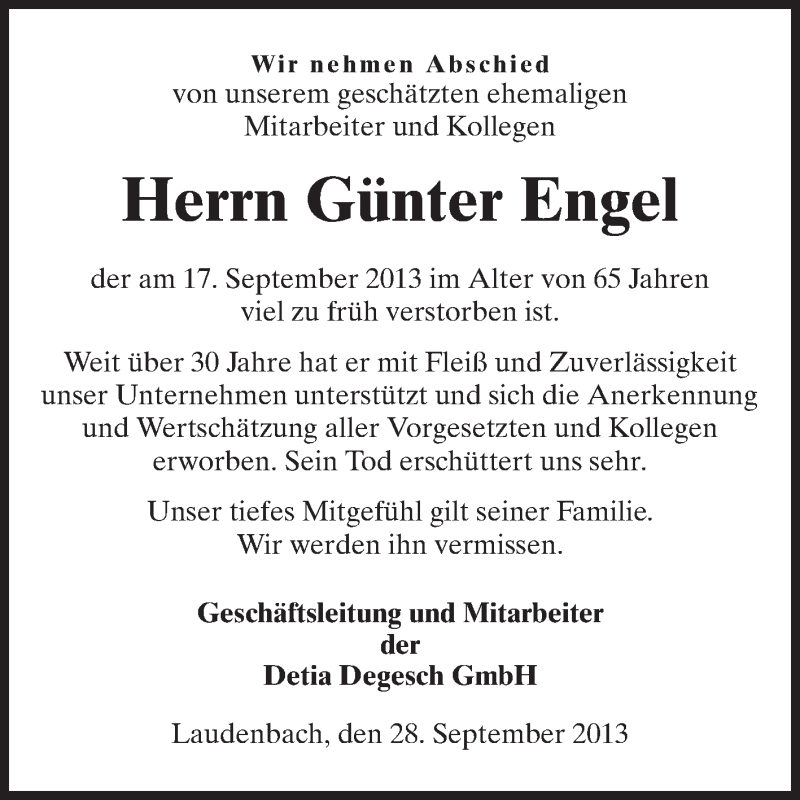  Traueranzeige für Günter Engel vom 28.09.2013 aus Echo-Zeitungen (Gesamtausgabe)