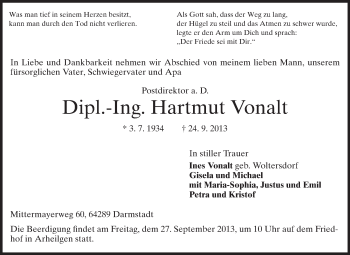Traueranzeige von Hartmut Vonalt von Echo-Zeitungen (Gesamtausgabe)