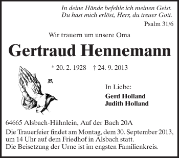 Traueranzeige von Gertraud Hennemann von Echo-Zeitungen (Gesamtausgabe)
