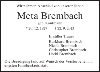 Traueranzeige von Meta Brembach von Echo-Zeitungen (Gesamtausgabe)