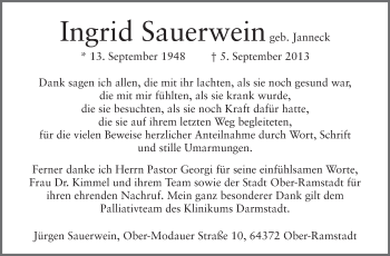 Traueranzeige von Ingrid Sauerwein von Echo-Zeitungen (Gesamtausgabe)
