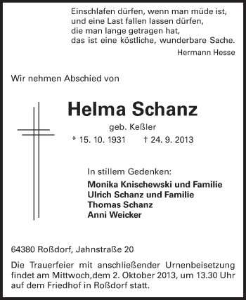 Traueranzeige von Helma Schanz von Echo-Zeitungen (Gesamtausgabe)