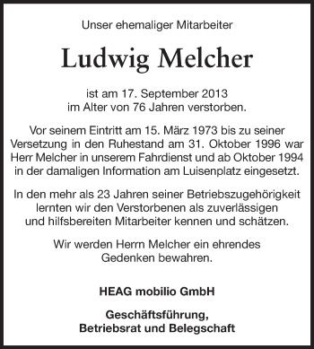 Traueranzeige von Ludwig Melcher von Echo-Zeitungen (Gesamtausgabe)