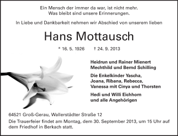 Traueranzeige von Hans Mottausch von Rüsselsheimer Echo, Groß-Gerauer-Echo, Ried Echo